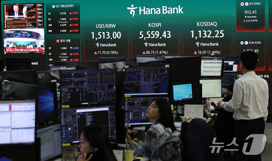 On Thursday, market conditions, including the KOSPI and KOSDAQ, were displayed on the electronic board in the Hana Bank dealing room in Jung-gu, Seoul. On that day, the KOSPI opened at 5,551.69, up 72.99 points (1.33%) from the previous trading day (5,478.7) 2026.4.2 / News1