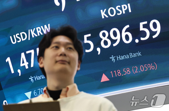 On Friday morning, the KOSPI index displayed on the electronic board in the Hana Bank dealing room in Jung-gu, Seoul, is showing an upward trend, hovering around the 5,890 mark 2026.4.10 / News1