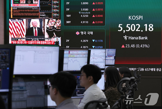 On Thursday morning, a live broadcast of Donald Trump’s address to the nation regarding the Middle East crisis is being shown alongside the KOSPI index at the Hana Bank trading room in Jung-gu, Seoul 2026.4.2 / News1