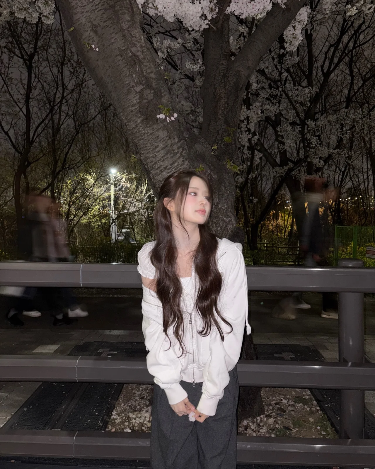 White zip-up hoodie + dark gray wide-leg pants, full-body silhouette against nighttime cherry blossoms / Photo = Izna Instagram (@izna_offcl)