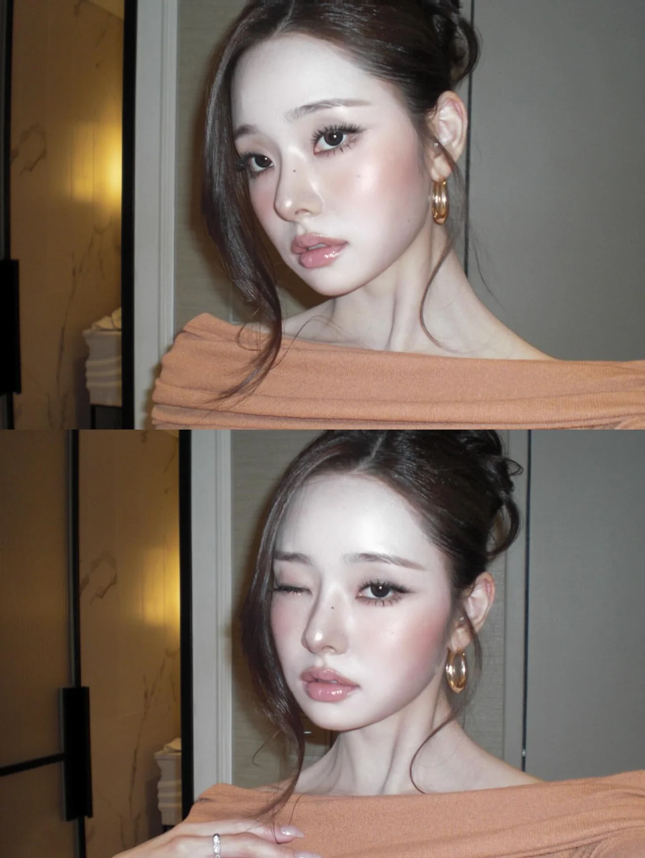 A sultry makeup look finished with a bun hairstyle and gold earrings / Photo=Freesia Instagram (@dear.zia)