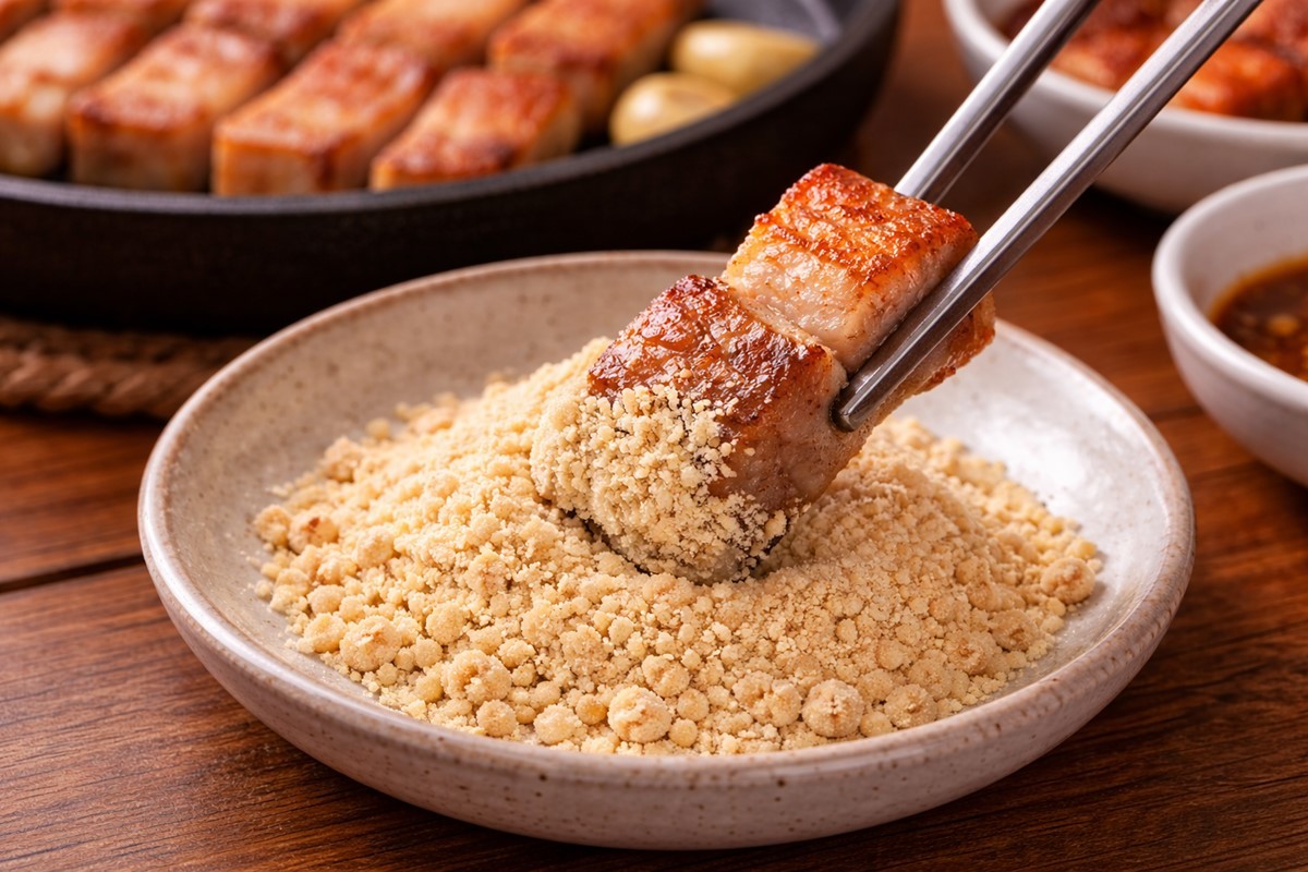 Dipping grilled pork belly in roasted soybean powder. Unlike salt’s straightforward jolt, soybean powder expands the dish’s flavor and adds depth. AI-generated stock photo for illustration; actual appearance may vary.
