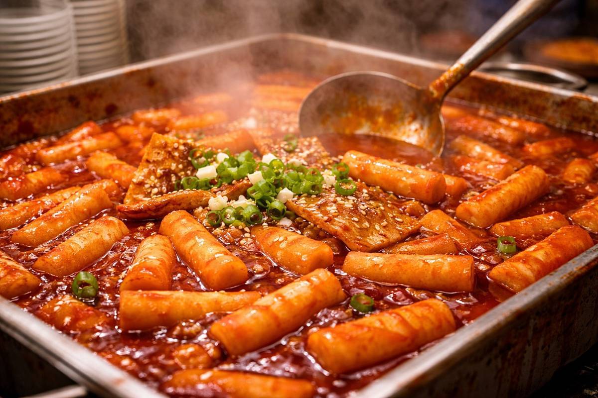 Koreans\' soul food tteokbokki. Stock image generated with an AI tool to aid understanding of the article