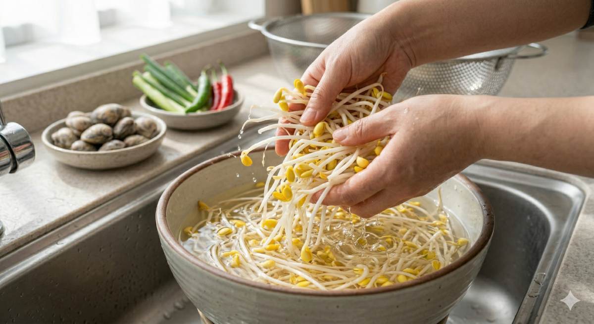 &nbsp;   Washing bean sprouts (AI-created to aid reader understanding)