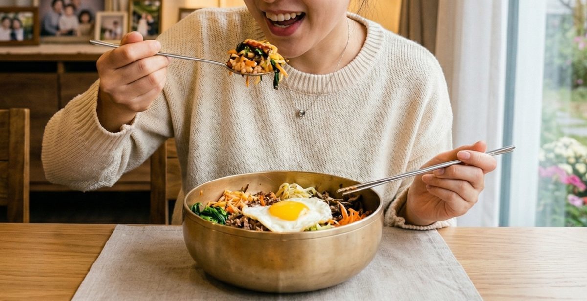 &nbsp;   Someone enjoying bibimbap. AI-generated stock image.