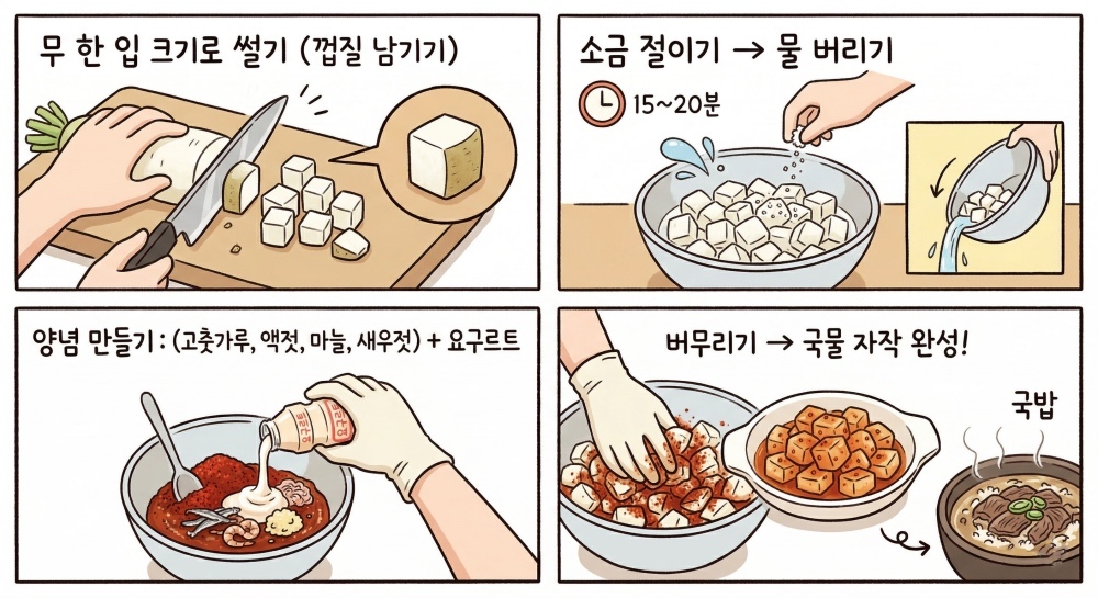 &nbsp;   [Cartoon] AI-generated cooking comic based on the article. It shows how you can make kkakdugi using yogurt.