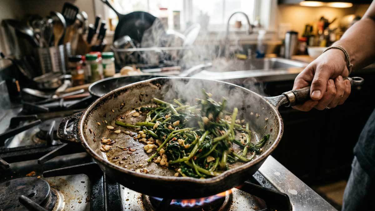 &nbsp;  Image showing water spinach being stir-fried. AI-generated for illustration. / Wikitree
