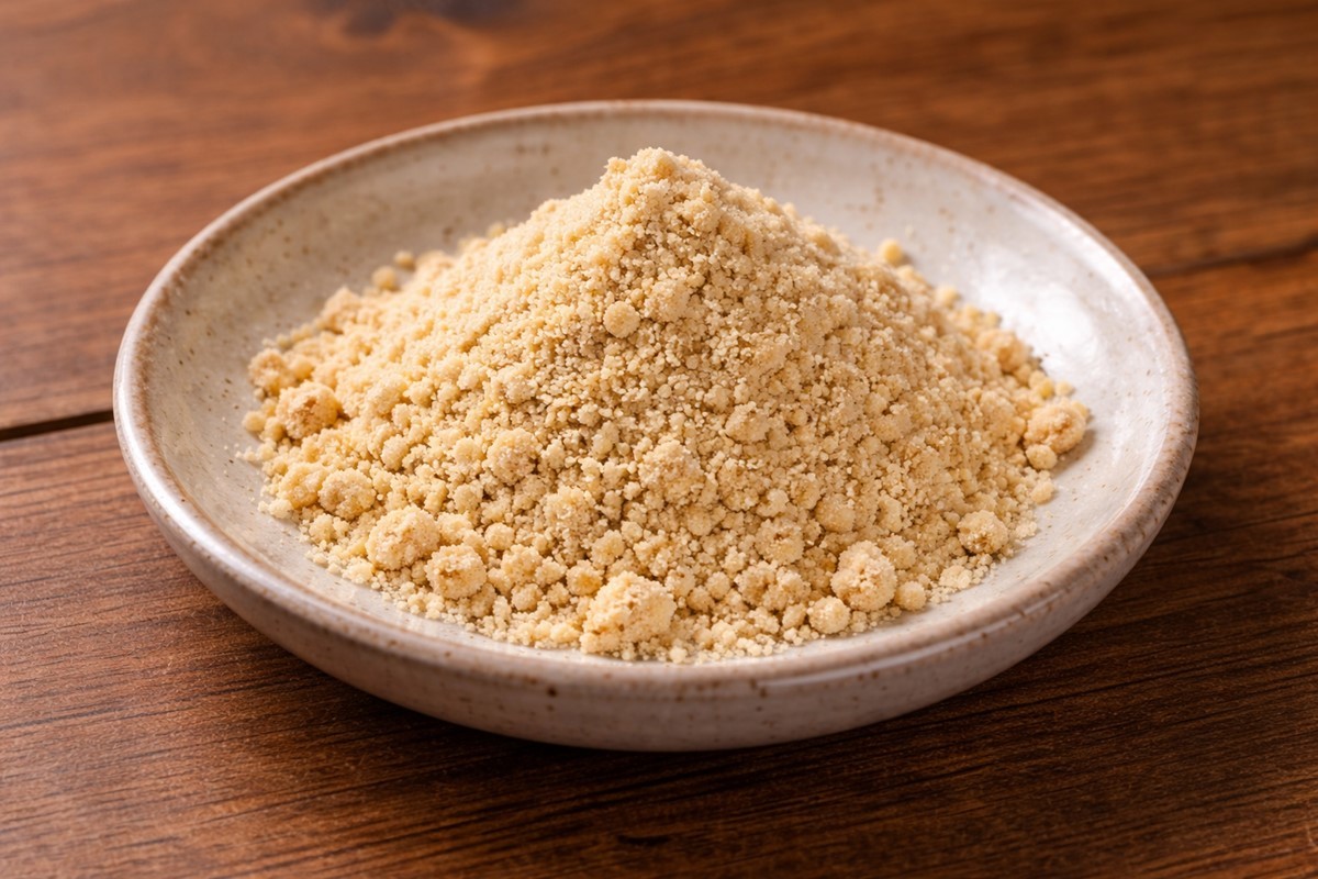Roasted soybean powder. Its nutty richness and subtle sweetness pair perfectly with fatty pork belly. AI-generated stock photo for illustration; actual appearance may vary.