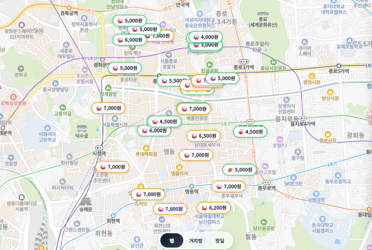 &nbsp;  A map showing some restaurants in Jongno-gu, Seoul, that offer menu items under 8,000 KRW (approximately $6.00). (Source: screenshot from the Geoji Map site)