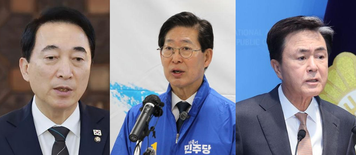 (왼쪽부터) 박수현·양승조(기호순) 더불어민주당 충남지사 예비후보, 국민의힘 소속 김태흠 충남지사 ⓒ연합뉴스/뉴시스