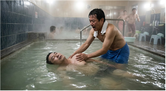 사우나에서 물에 빠져 정신을 잃은 모습. 해당 사진은 AI로 제작됨. ⓒ
