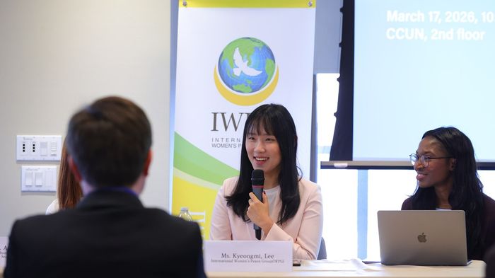 ㈔세계여성평화그룹(IWPG)이 지난 3월 17일 유엔 인근 처치센터(CCUN)에서 국제여성리더네트워크(INLW), 튀르키예 그린크레센트와 공동으로 개최한 NGO 포럼에서 이경미 전략팀장이 발언하고 있다. ⓒ세계여성평화그룹(IWPG)