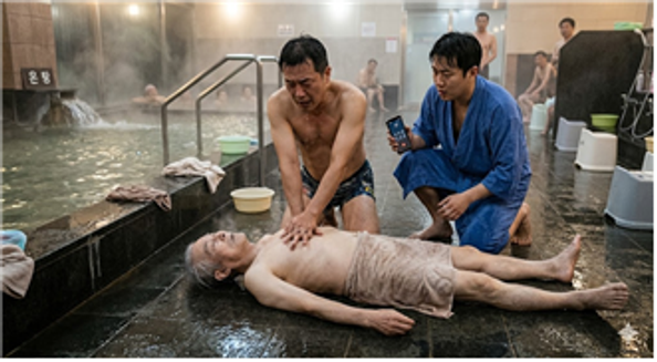 쓰러진 사람에게 심폐소생술 하는 장면. 해당 사진은 AI로 제작됨.ⓒ