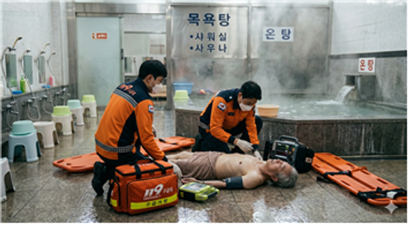 119 구급대원이 도착하여 몸 상태를 점검하는 장면. 해당 사진은 AI로 제작됨.ⓒ