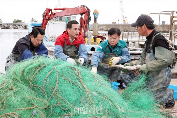 국민의힘 장동혁 대표, 정점식 정책위의장, 김진태 강원도지사 후보가 22일 오전 강원도 양양 남애항에서 어업에 사용한 그물을 정리하며 어민과 대화를 하고 있다. ⓒ데일리안 홍금표 기자