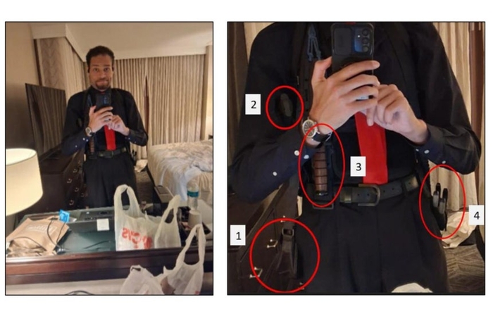 백악관 만찬장 총격 사건 용의자 콜 토머스 앨런이 범행 전 셀카를 찍고 있는 모습(왼쪽)과 앨런이 착용한 권총집과 칼집을 확대한 사진. 사진=AP 연합뉴스