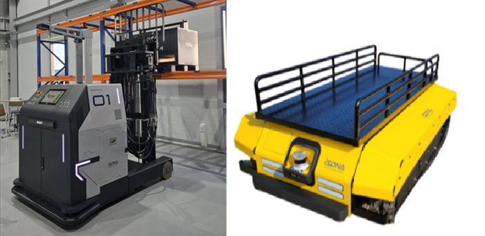 산업현장에 적용된 아이엠로보틱스의 실내 저상형 AMR 'M2000-F4' 제품과 실외용 제품(무한궤도타입)