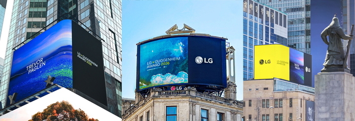 LG가 2026년 LG 구겐하임 어워드 수상자 트레버 페글렌의 수상을 축하하는 영상을 뉴욕 타임스 스퀘어, 런던 피카딜리 서커스, 서울 광화문광장((왼쪽부터)에서 상영한다.