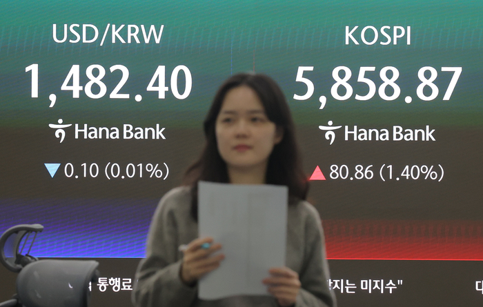 코스피가 전장보다 181.75p(3.22%) 내린 5460.46으로 마감한 10일 오후 서울 중구 하나은행 딜링룸에서 딜러들이 업무를 보고 있다. (사진=연합뉴스)