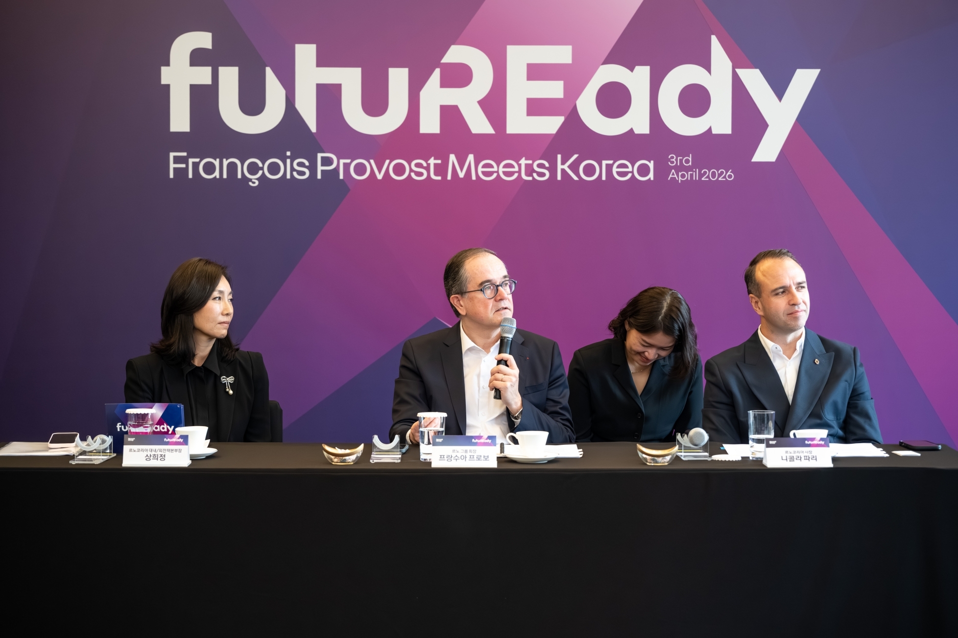 Sang Hee-jeong, Vice President of Internal and External Cooperation at Renault Korea; François Provot, Chairman of Renault Group; and Nicola Pari, President of Renault Korea (from left) at the Renault media roundtable held at the JW Marriott Hotel in Seocho-gu, Seoul, on the 3rd. /Photo=Provided by the Korea Automobile Journalists Association