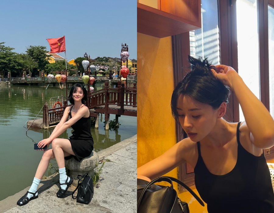 1년 만에 기존 인연과 재회한 여배우, 휴양지룩 꼰 다리에 부각된 각선미