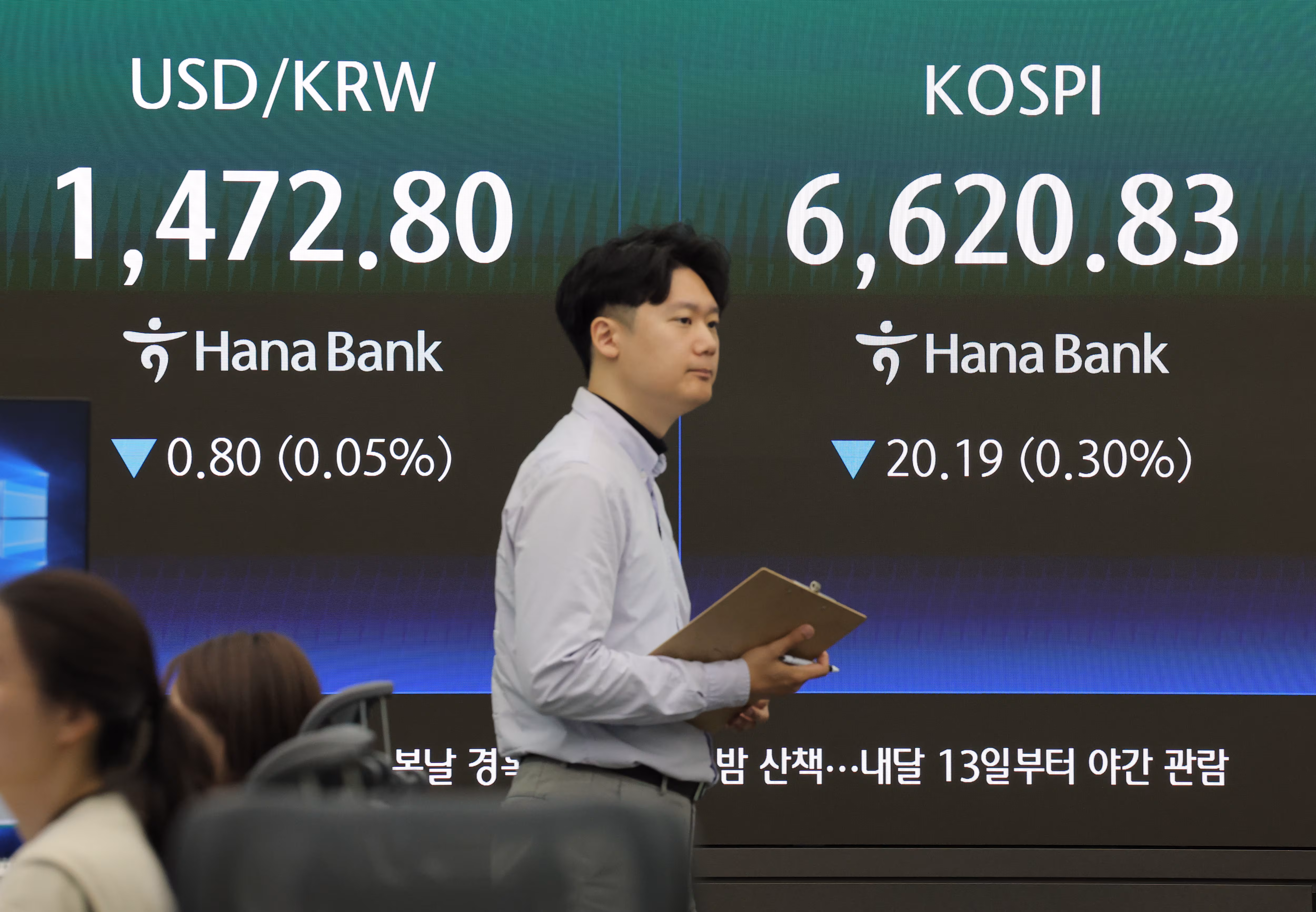 29일 오전 서울 중구 하나은행 본점 딜링룸에서 딜러가 업무를 보고 있다.
    이날 코스피는 전날보다 22.02p(0.33%) 내린 6,619.00으로 시작했다. 원/달러 환율은 0.4원 오른 1,474.0원으로, 코스닥은 2.30p(0.19%) 내린 1,213.28로 개장했다. /연합뉴스