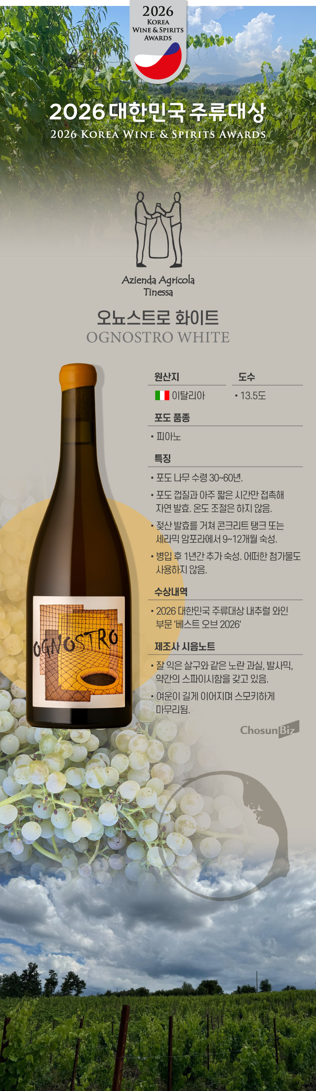 

<figure>” /><figcaption>
<figure></figcaption></figure>
<p>イタリア南部カンパニア（Campania）の「オニョストロ（Ognostro）」は、こうしたナチュラルワインの哲学を現代に受け継ぐワイナリーだ。生産者マルコ・ティネッサ（Marco Tinessa）は元々金融業に携わっていたが、故郷の土地が持つポテンシャルをワインで表現したいと考え、醸造の道に入った。ワイナリー名「オニョストロ」はナポリ方言で「インク」を意味し、ブドウと土壌、時間の流れをそのままボトルに刻むという彼の意志を象徴している。</p>
<p>ティネッサはシチリアのナチュラルワインの巨匠フランク・コルネリセン（Frank Cornelissen）から、可能な限り人工的介入を排する醸造法を学んだ。大規模な灌漑設備で人工的に給水するのではなく自然降雨に依存し、ブドウの木が自ら水と栄養を求めてヴェスヴィオ（Vesuvio）やカンピ・フレグレイ（Campi Flegrei）の火山活動で形成されたミネラル豊富な土壌の深部に根を張るよう管理する。化学肥料を使わず、土壌の力だけでブドウの風味を凝縮する方法だ。</p>
<p>オニョストロの白ワインにはカンパニアを代表する品種フィアーノ（Fiano）を用いる。フィアーノはイタリアの白品種の中でも優れた熟成ポテンシャルと上品さを持つことで知られる。特にオニョストロは樹齢平均30〜60年の古木（Old Vine）から収穫したブドウのみを使い、深みを出している。</p>
<p>醸造工程にも細心の注意が払われる。ブドウの皮と接触する時間をごく短くして発酵させ、ワイン本来の構造を生かすために精製や濾過は行わない。酸化防止のための二酸化硫黄（SO₂）の使用も最小限にとどめる。乳酸発酵を経たワインはコンクリートタンクとセラミックのアンフォラで9〜12か月熟成し、瓶詰め後さらに1年の追熟を経て市場に出る。</p>
<p>ドライフラワーやジンジャー、フレッシュな柑橘の香りが鼻孔をくすぐり、口中では熟したアプリコットやリンゴの果実味が続く。ナッツや蜂蜜のニュアンス、火山土由来のほのかな塩味を帯びたミネラルが絶妙なバランスを作る。『2026年韓国酒類大賞』ナチュラルワイン部門で「ベスト・オブ・2026」を受賞した。韓国国内の輸入業者はナラセラだ。</p>
</div>
		</article>
		<!-- 기사뷰 뉴스 하단 AD -->
		<article class=