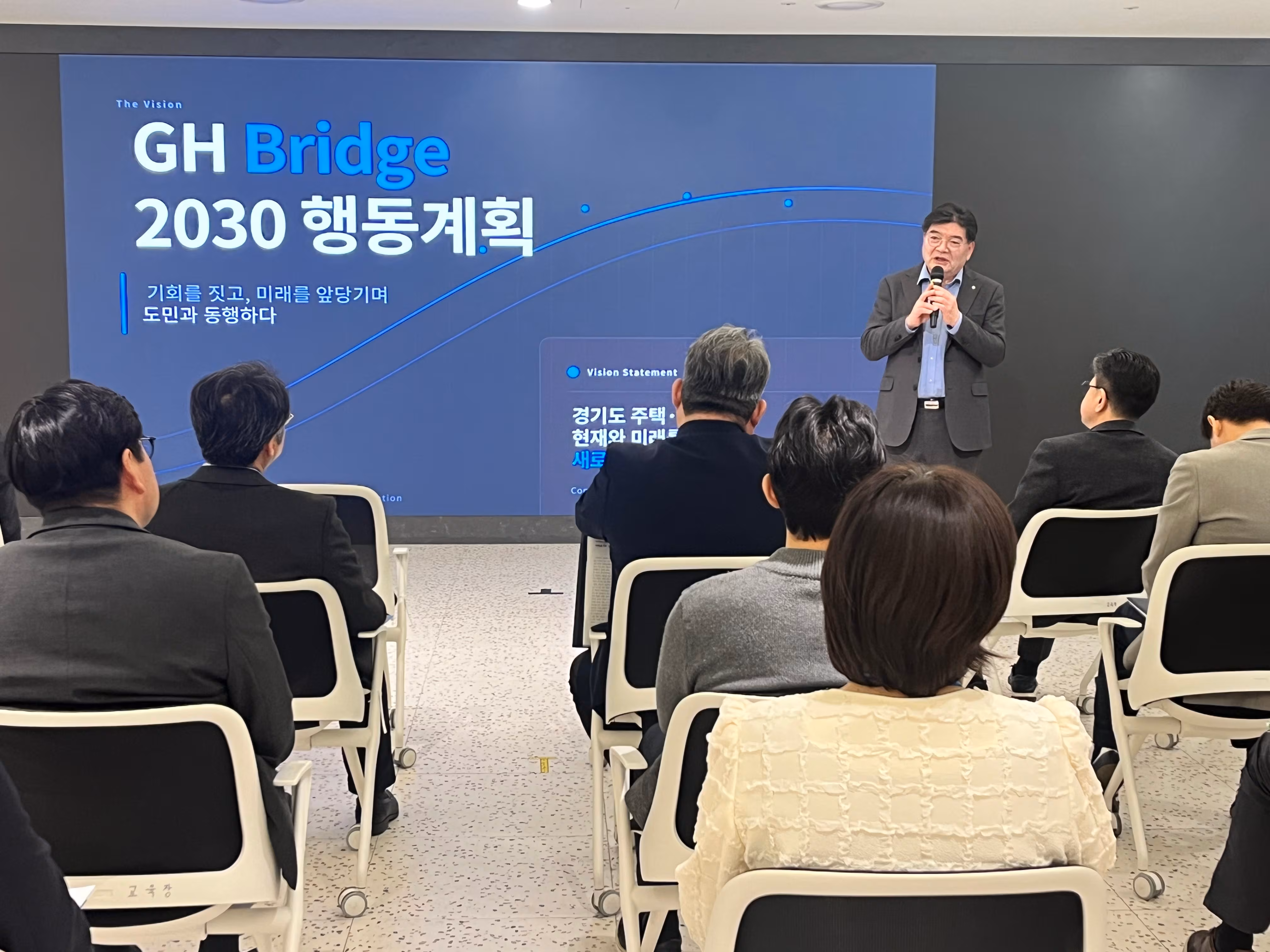 2일 김용진 경기주택도시공사 사장이 광교 본사에서 'GH Bridge 2030'에 대한 구체적인 내용을 설명하고 있다./GH 제공