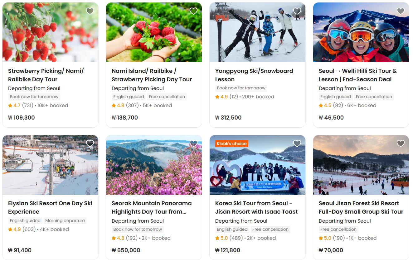 여행 플랫폼 클룩에서 판매 중인 주요 투어 상품 리스트. /클룩 캡처