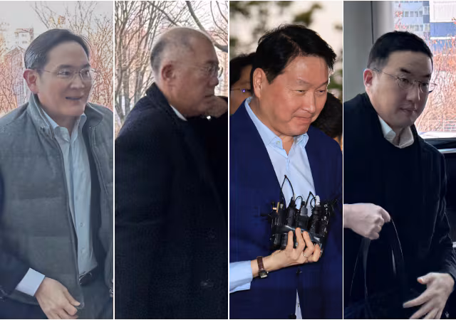 방중 경제사절단을 위해 4일 오후 출국하는 그룹 총수들. (왼쪽부터) 이재용 삼성 회장, 정의선 현대차 회장, 최태원 SK회장, 구광모 LG 회장.