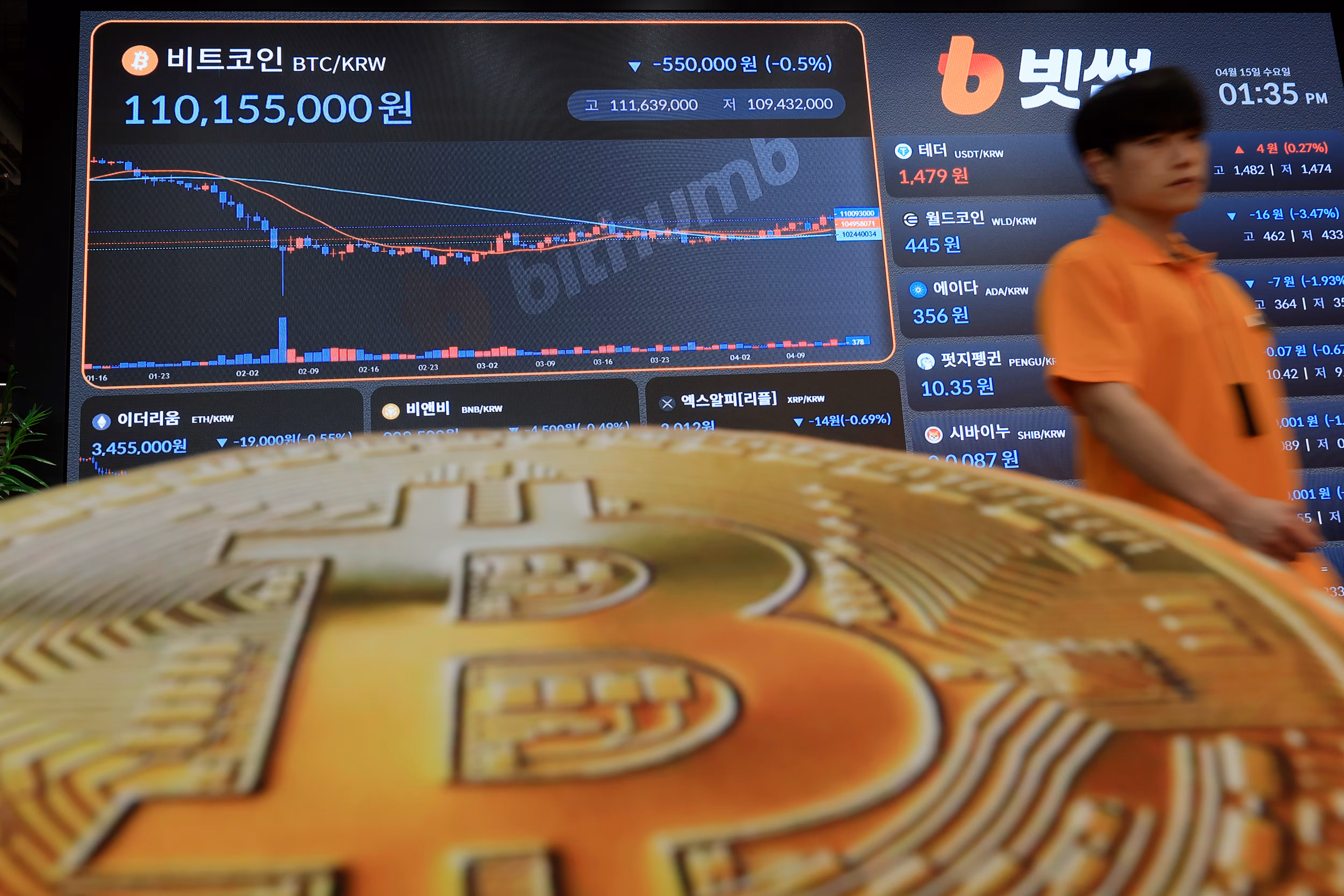 서울 강남구 빗썸 고객센터 전광판에 비트코인 등 가상 자산 시세가 나오고 있다./뉴스1