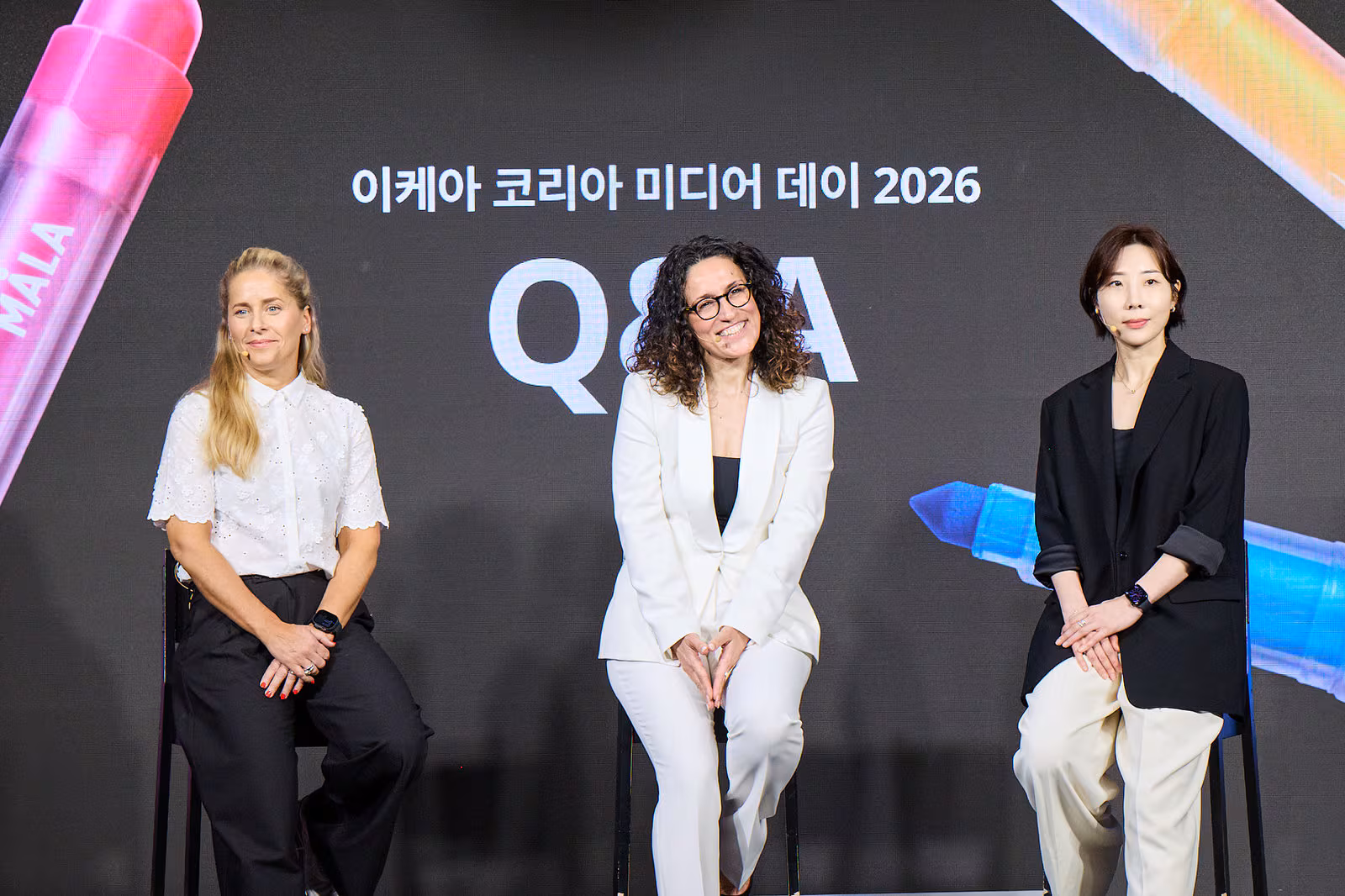 20일 오전 11시 20분 서울 강서구 마곡동 NSP홀에서 진행한 '이케아 홈 리이매진 미디어 데이'의 질의응답 시간이 진행되고 있다. 왼쪽부터 사라 파게르(Sarah Fager) 이케아 제품 개발 및 생산 총괄 본부 시니어 디자이너, 이사벨 푸치(Isabel Puig) 이케아코리아 대표 겸 최고지속가능성책임자(CSO), 박유리 이케아코리아 컨트리 마케팅 매니저. /이케아코리아 제공