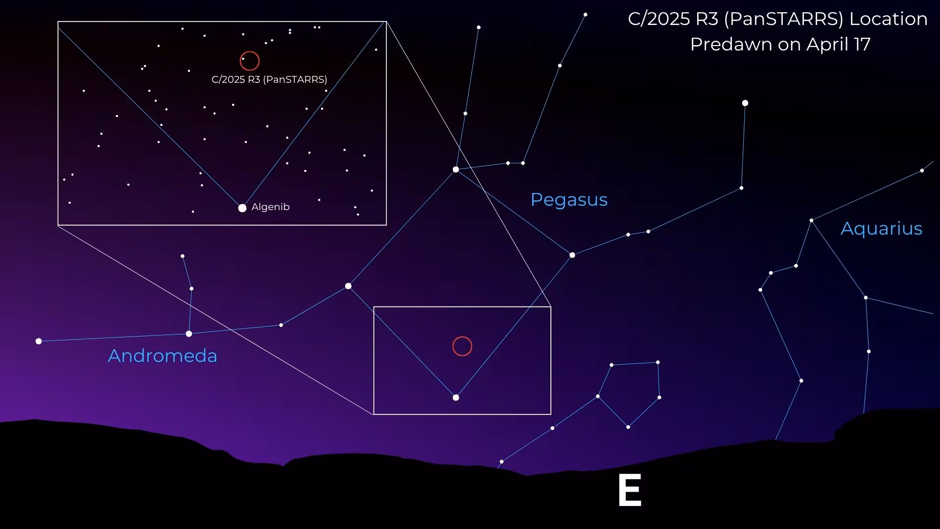 4월 17일 현재 새벽 동쪽 하늘에서 C/2025 R3(PanSTARRS) 혜성을 찾을 수 있는 위치/Anthony Wood, Canva 생성 이미지
