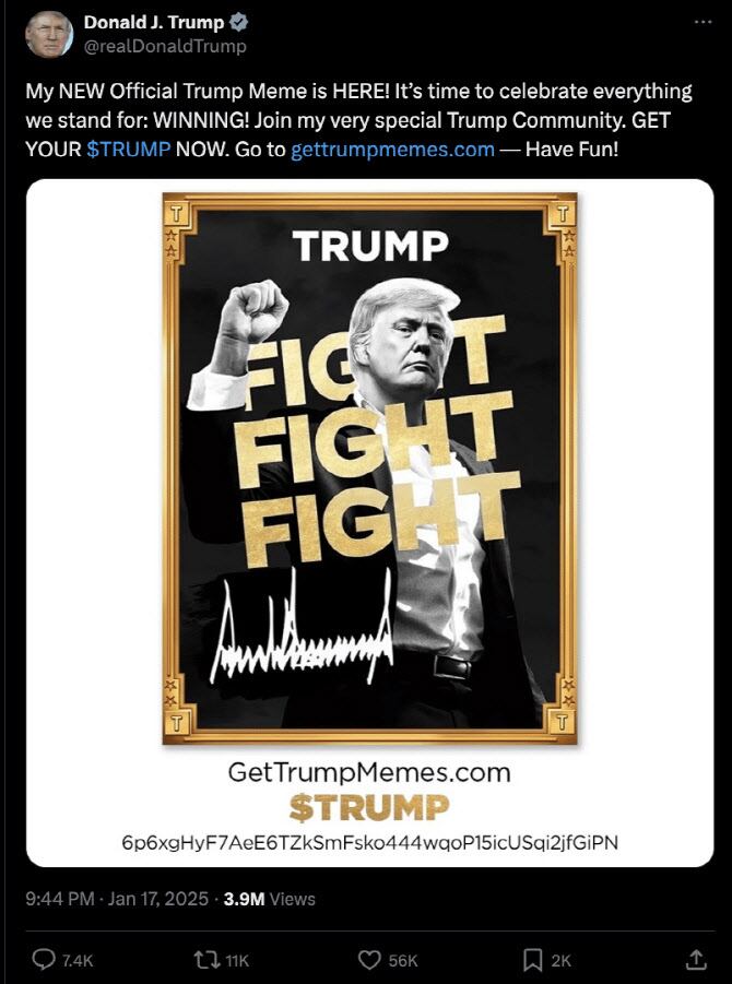 작년 1월 트럼프 밈코인 발행을 알리는 트럼프 트루스 소셜 게시글./트루스소셜 캡처