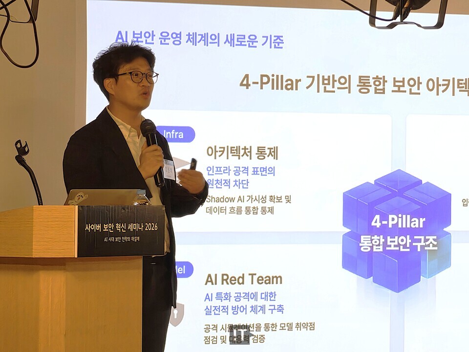 김진호 메가존클라우드 헤일로(HALO) 리더가 15일 오후 용산전자랜드 랜드홀에서 열린 ‘사이버 보안 혁신 세미나 2026’에 참석해 발표하고 있다. / IT조선