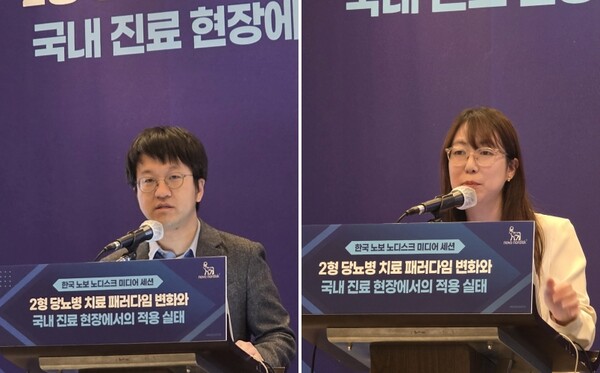 류영상 조선대병원 내분비대사내과 교수(왼쪽)와 조윤경 서울아산병원 내분비내과 교수가 14일 서울 중구 코트야드 메리어트 서울 명동에서 ‘2형 당뇨병 치료 패러다임 변화와 국내 진료 현장에서의 적용 실태’ 미디어 세션에서 최근 당뇨병 치료 트렌드에 대해 설명하고 있다. / 김동명 기자 