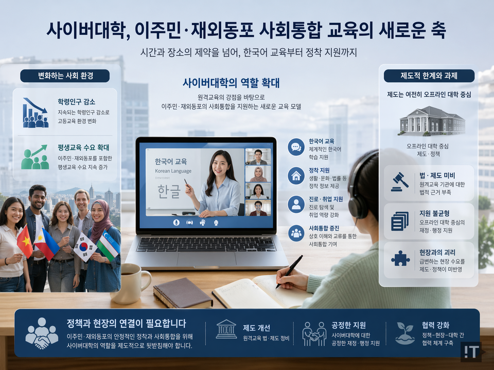 학령인구 감소와 평생교육 수요 확대 속에서 사이버대학이 이주민·재외동포 대상 사회통합 교육의 새로운 축으로 부상하고 있다. / 챗GPT 생성
