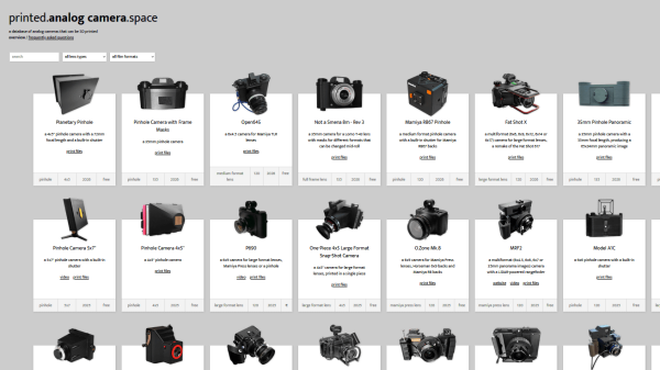 해당 사이트는 3D프린터용 설계 데이터가 공개된 필름 카메라를 한곳에서 찾을 수 있게 했다 [사진: printed.analog camera.space]
