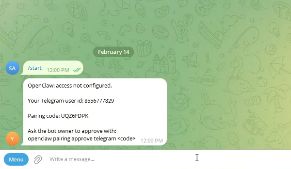 텔레그램에서 오픈클로를 적용한 모습 [사진: 유튜브 Code & Cloud]