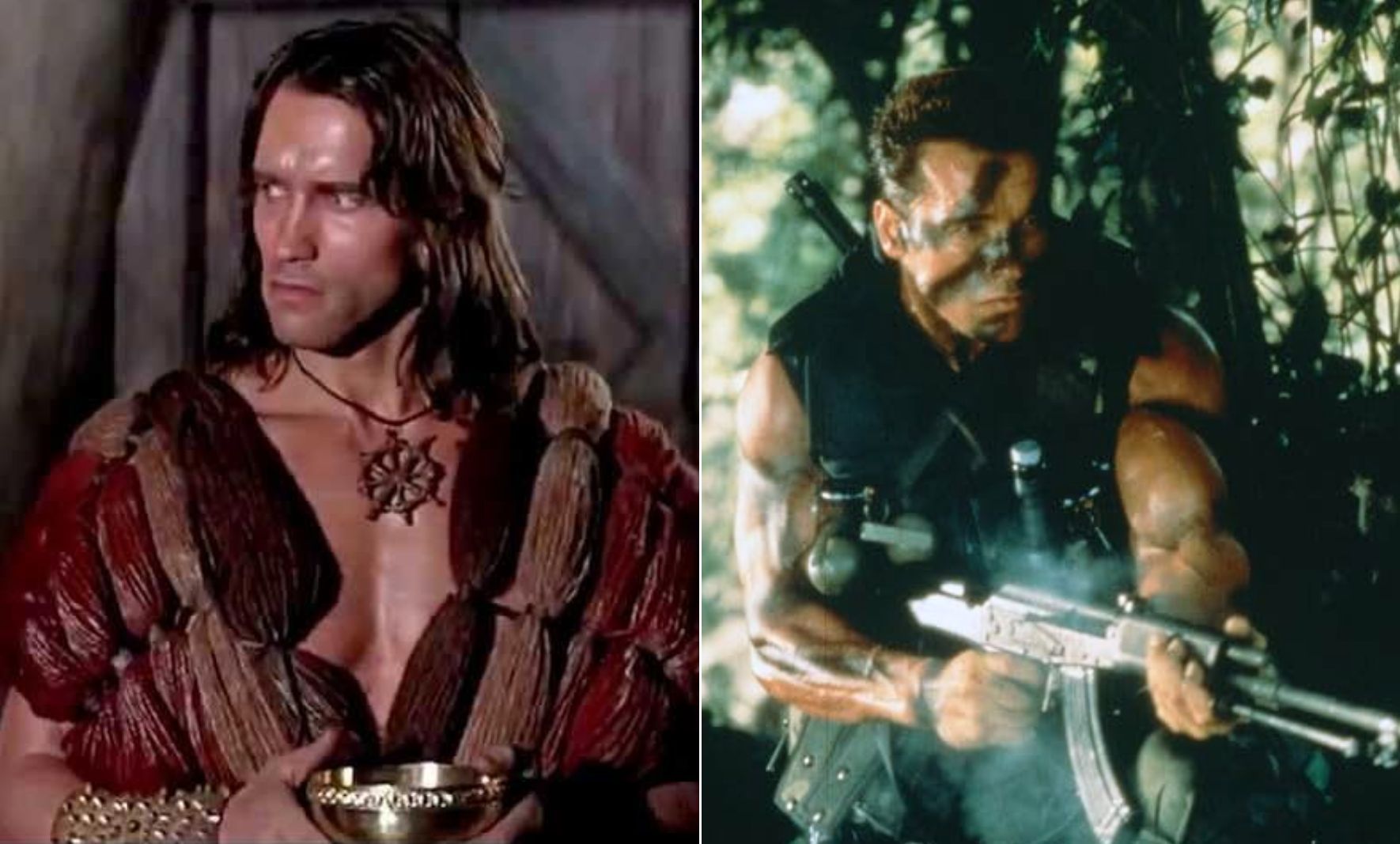 Stills from \'Conan the Barbarian\' and \'Commando\' / Credit: 1984 Metro-Goldwyn-Mayer Studios and 20th Century Fox (IMDb)