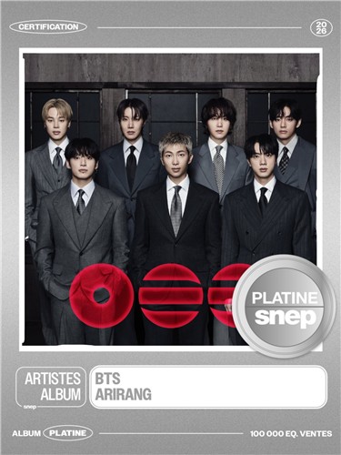 BTS '아리랑', 프랑스음반협회 앨범 부문 '플래티넘' 인증 [SNEP 제공]