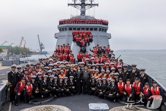 North Korean leader Kim Jong Un visits the destroyer Choe Hyon on May 7 to inspect its maneuverability assessment ahead of commissioning, according to Rodong Sinmun on May 8. / Courtesy of News1