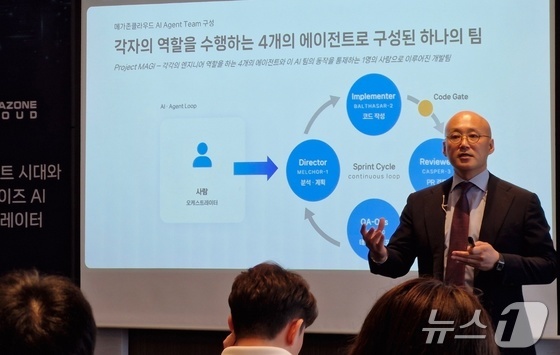 Yeom Dong-hoon, CEO of Megazone Cloud, is delivering a presentation at a media event held on Thursday at the Lotte Hotel Seoul in Jung-gu, Seoul, on the topic of The Era of Multi-Agents and Enterprise AI Orchestration 2026.05.14 / News1