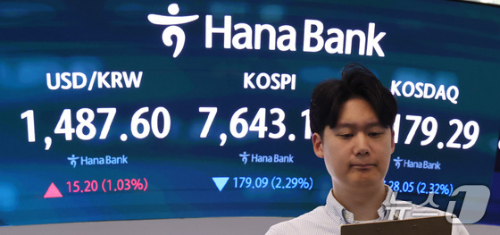 Electronic boards display the closing values of the KOSPI and other financial indicators at the dealing room of Hana Bank headquarters in Seoul on May 12, 2026. / Courtesy of News1