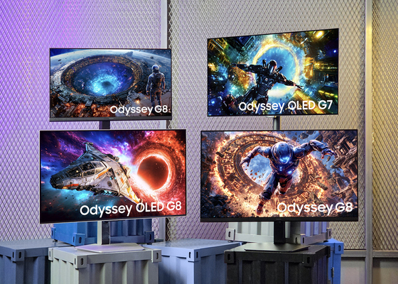 Promotional image of Samsung’s four new Odyssey gaming monitors. Clockwise from top left: 27-inch Odyssey G8 (G80HF), Odyssey OLED G7 (G73SH), Odyssey OLED G8 (G80SH), and 32-inch Odyssey G8 (G80HS). / Courtesy of Samsung Electronics