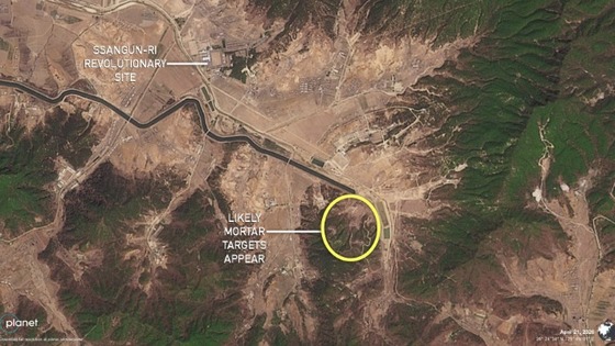 NK News reported that satellite imagery taken several days before Kim Jong Un’s visit to Ssangun-ri showed mortar firing targets in a mountainous area southeast of the site. / Courtesy of NK News capture, edited by NK Pro