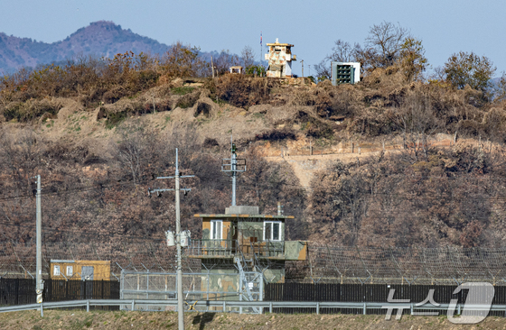 Guard posts from the two Koreas face each other in a border area in Paju, Gyeonggi Province, on Nov. 18, 2025. / Courtesy of News1