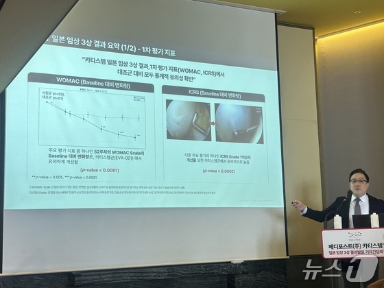 Lee Seung-jin, Head of Medipost’s Global Business Division and CEO of its Japanese subsidiary, is speaking at a press conference to announce the results of the Phase 3 clinical trial for Cartistem in Japan, held on Wednesday at the Four Seasons Hotel in Jongno-gu, Seoul 2026.5.13 / News1