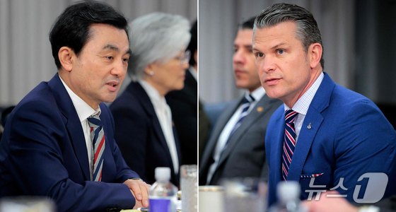Defense Minister Ahn Kyu-back and U.S. Secretary of Defense Pete Hegseth are delivering opening remarks at the South Korea-U.S. defense ministers meeting held at the Pentagon in Washington, D.C., on Monday / News1