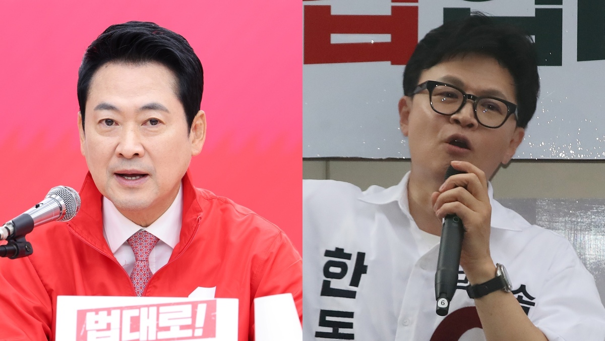 (왼쪽부터)장동혁 국민의힘 대표와 한동훈 무소속 후보 자료사진. 장 대표가 22일 오전 매일신문 유튜브 '이동재의 뉴스캐비닛'과의 인터뷰에 출연해 부산 북구갑 국회의원 보궐선거에 출마한 한 후보에 대한 비판을 쏟아냈다. / 뉴스1